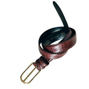 Vintage LIZ CLAIBORNE Brown Leather Belt Alligator Shiny Gold Buckle